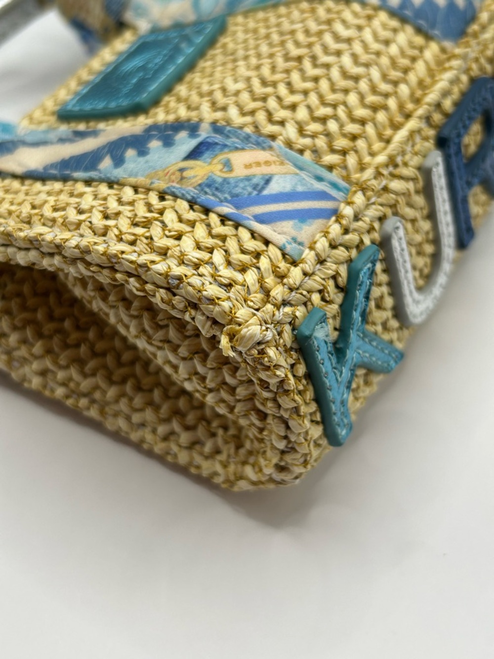 Kurt Geiger Straw Mini Bag with Blue & Cream Scarf Accents - Picture 8 of 10
